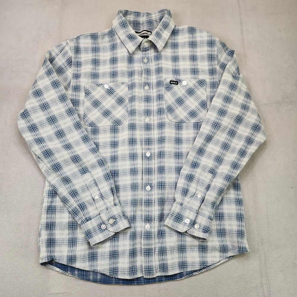 RVCA Flannel Button Up Shirt Men's M Blue Gray Plaid Long Sleeve Pockets Cotton